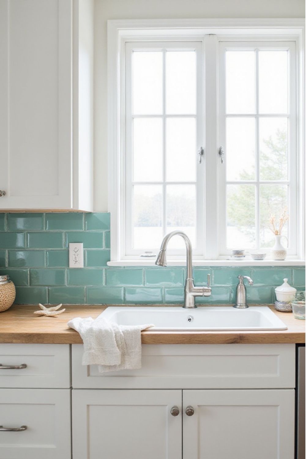 Aqua glass subway tile behind a farmhouse sink in Rocky Hill CT